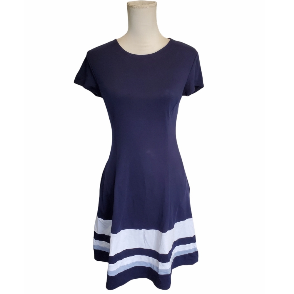 New York & Company Navy Fit and Flare Keyhole Dress